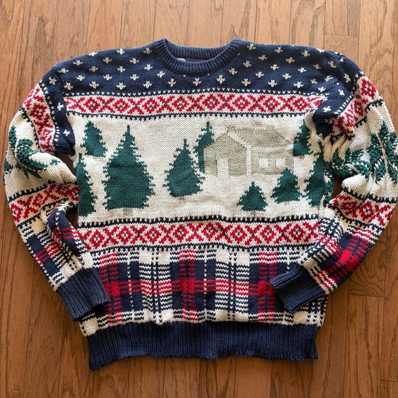 liberty vintage USA Men's Navy, Green & Red Holiday Crewneck Sweater cabin plaid - Picture 5 of 5
